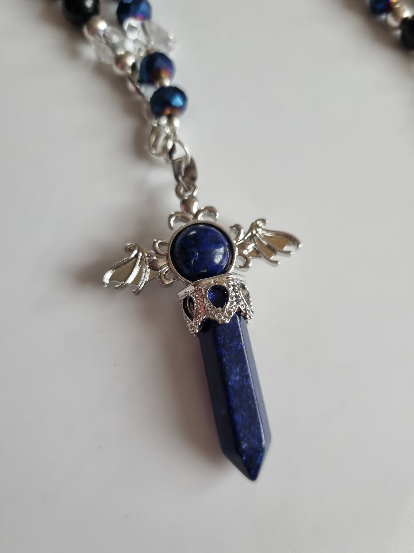 Car decor accessories mirror pendant handmade with sw.crystal start, gemstone lapis lazurite blue ,glass crystal and black onyx