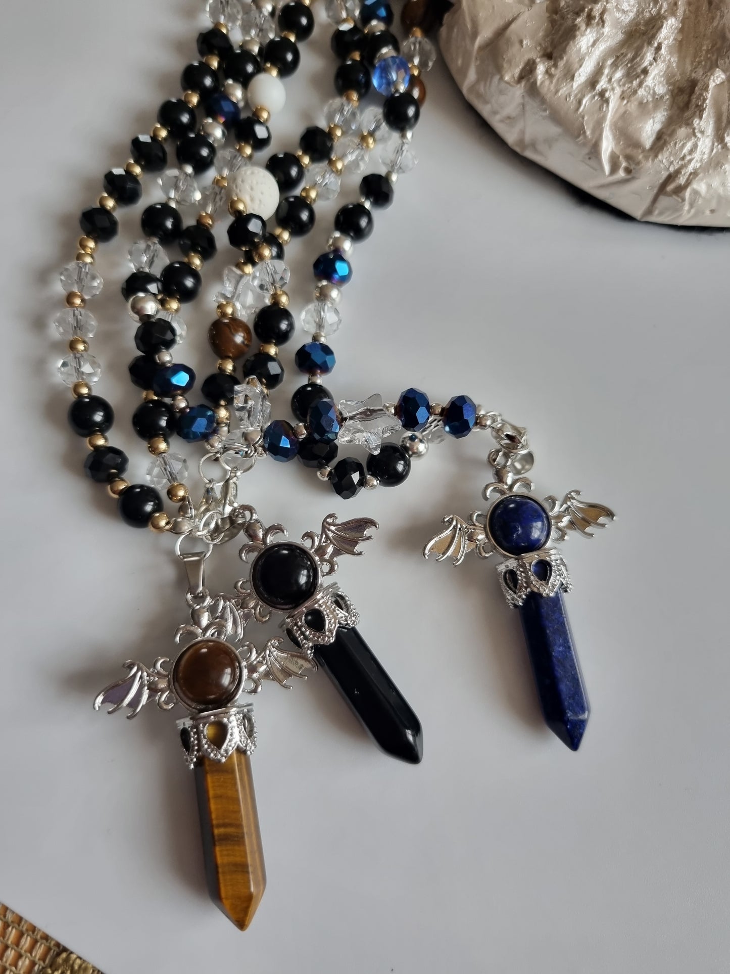 Car decor accessories mirror pendant handmade with sw.crystal start, gemstone black onyx, glass crystal and black onyx