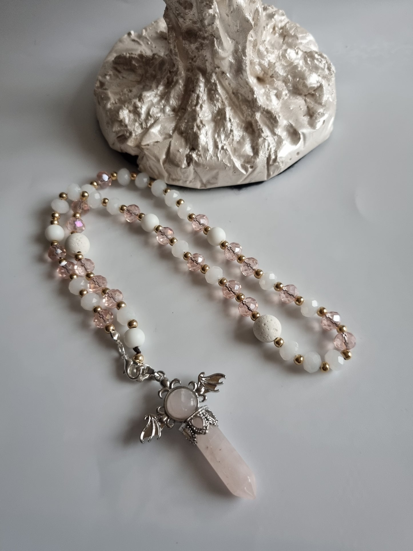 Car decor accessories mirror pendant handmade with crystal glass ,rose quartz e crystal and white onyx,white lava stones