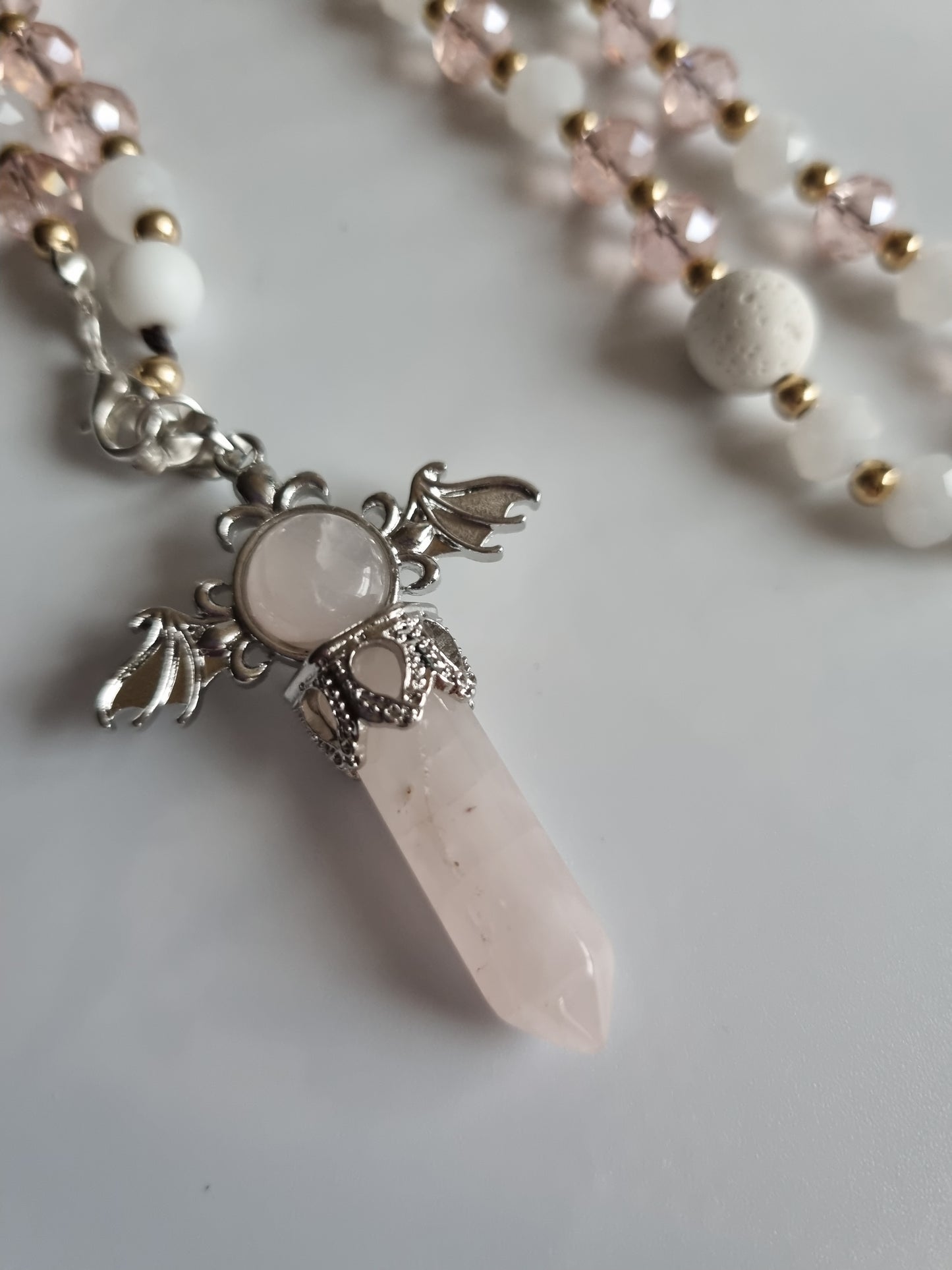 Car decor accessories mirror pendant handmade with crystal glass ,rose quartz e crystal and white onyx,white lava stones