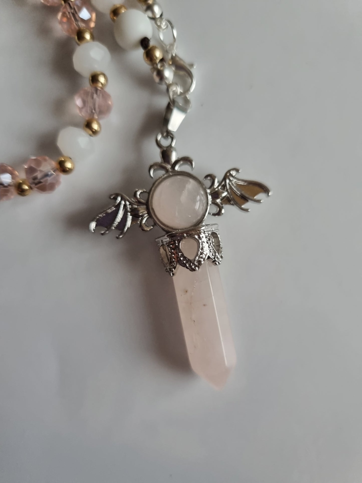 Car decor accessories mirror pendant handmade with crystal glass ,rose quartz e crystal and white onyx,white lava stones
