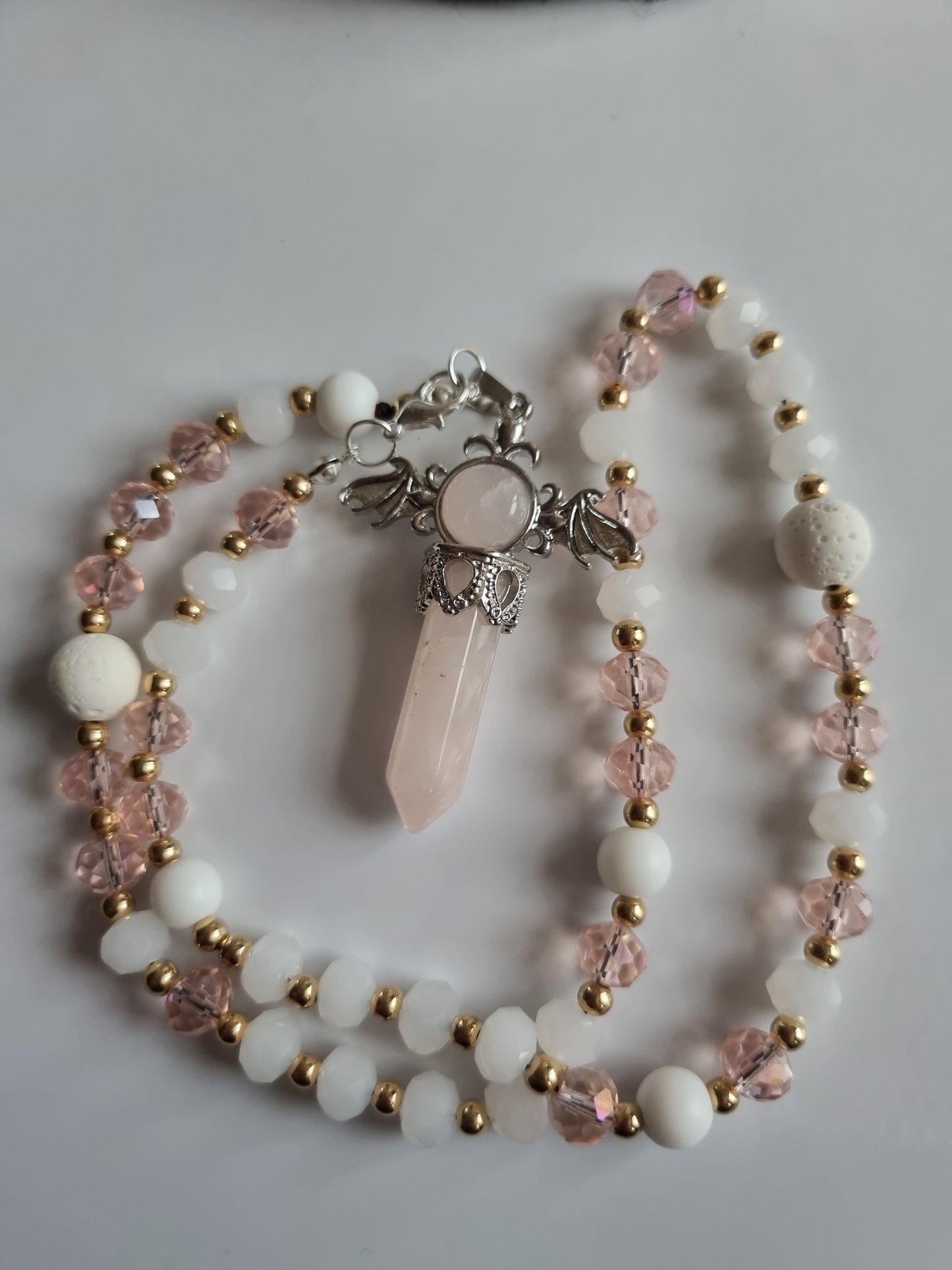 Car decor accessories mirror pendant handmade with crystal glass ,rose quartz e crystal and white onyx,white lava stones