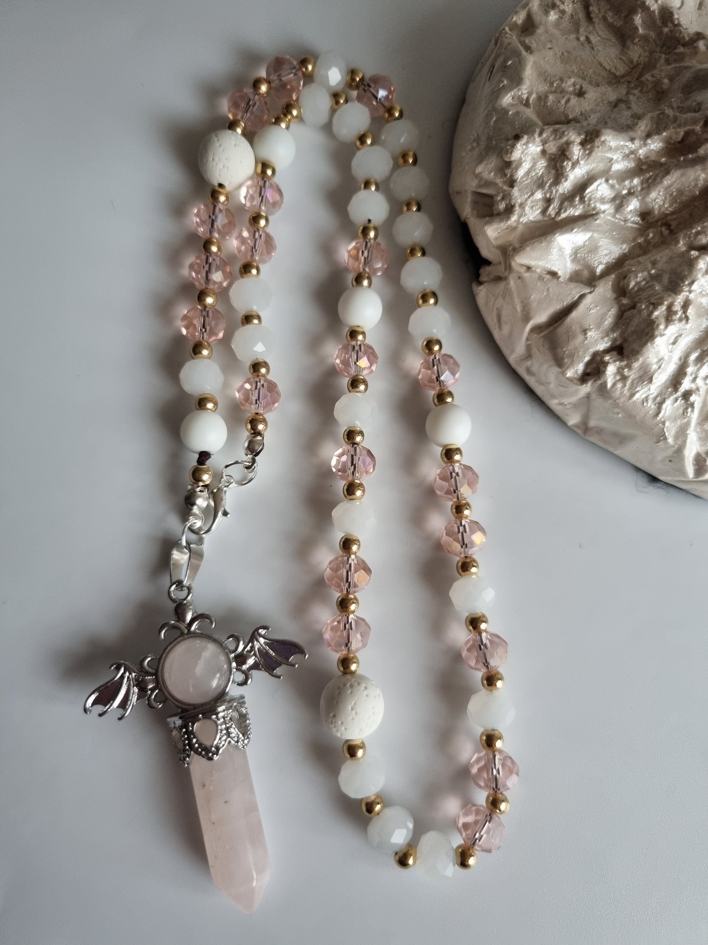 Car decor accessories mirror pendant handmade with crystal glass ,rose quartz e crystal and white onyx,white lava stones