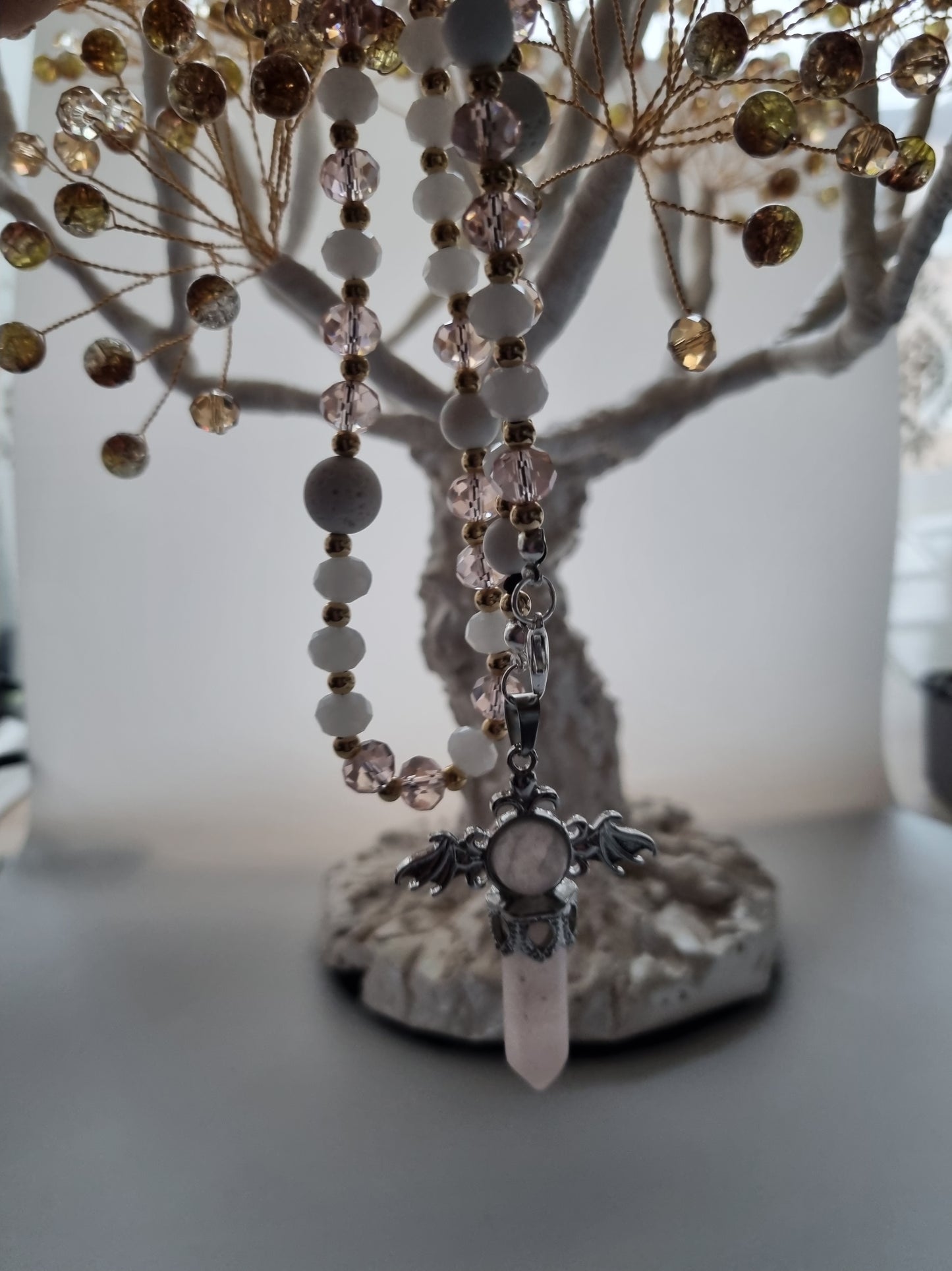 Car decor accessories mirror pendant handmade with crystal glass ,rose quartz e crystal and white onyx,white lava stones