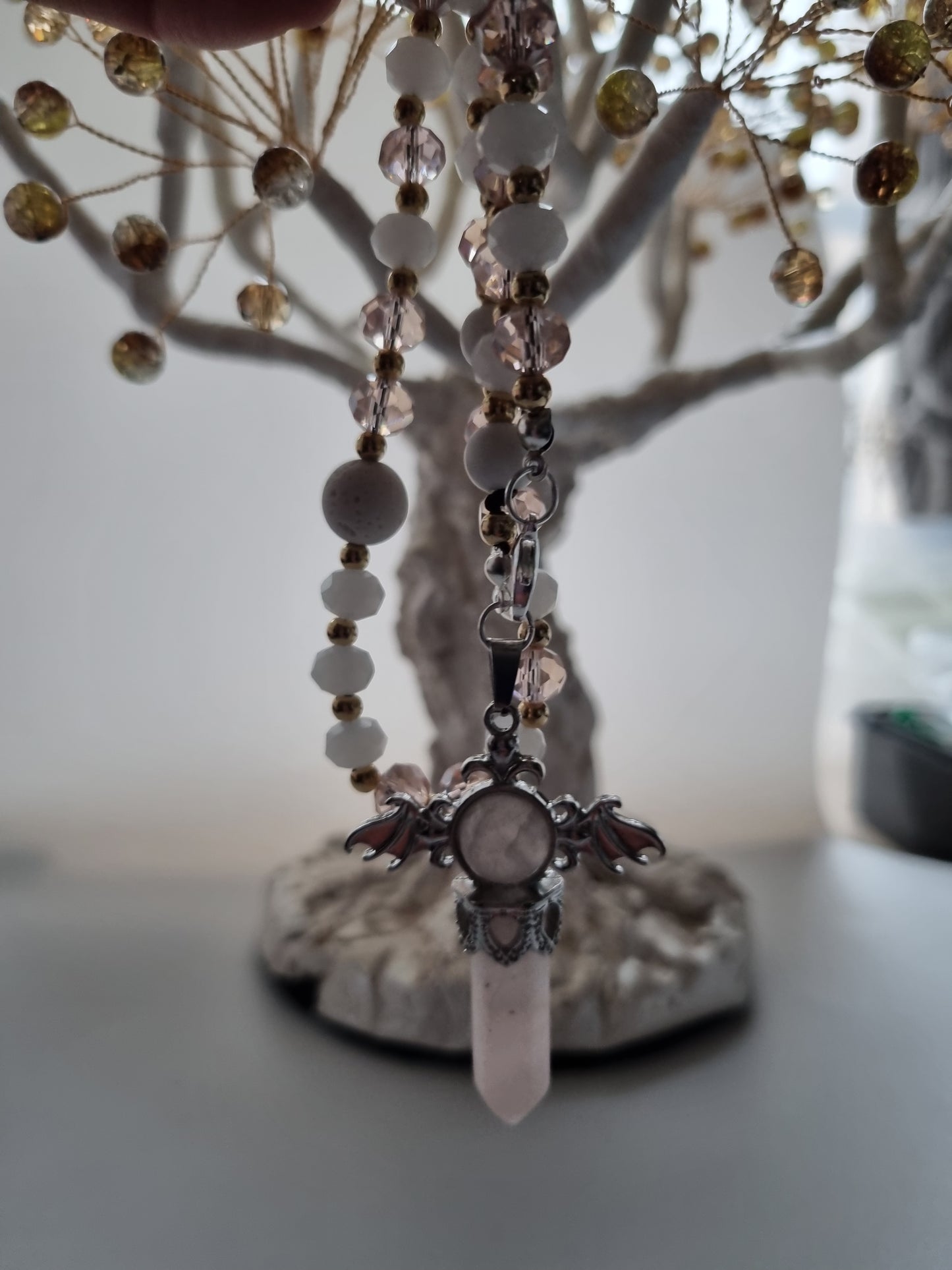 Car decor accessories mirror pendant handmade with crystal glass ,rose quartz e crystal and white onyx,white lava stones